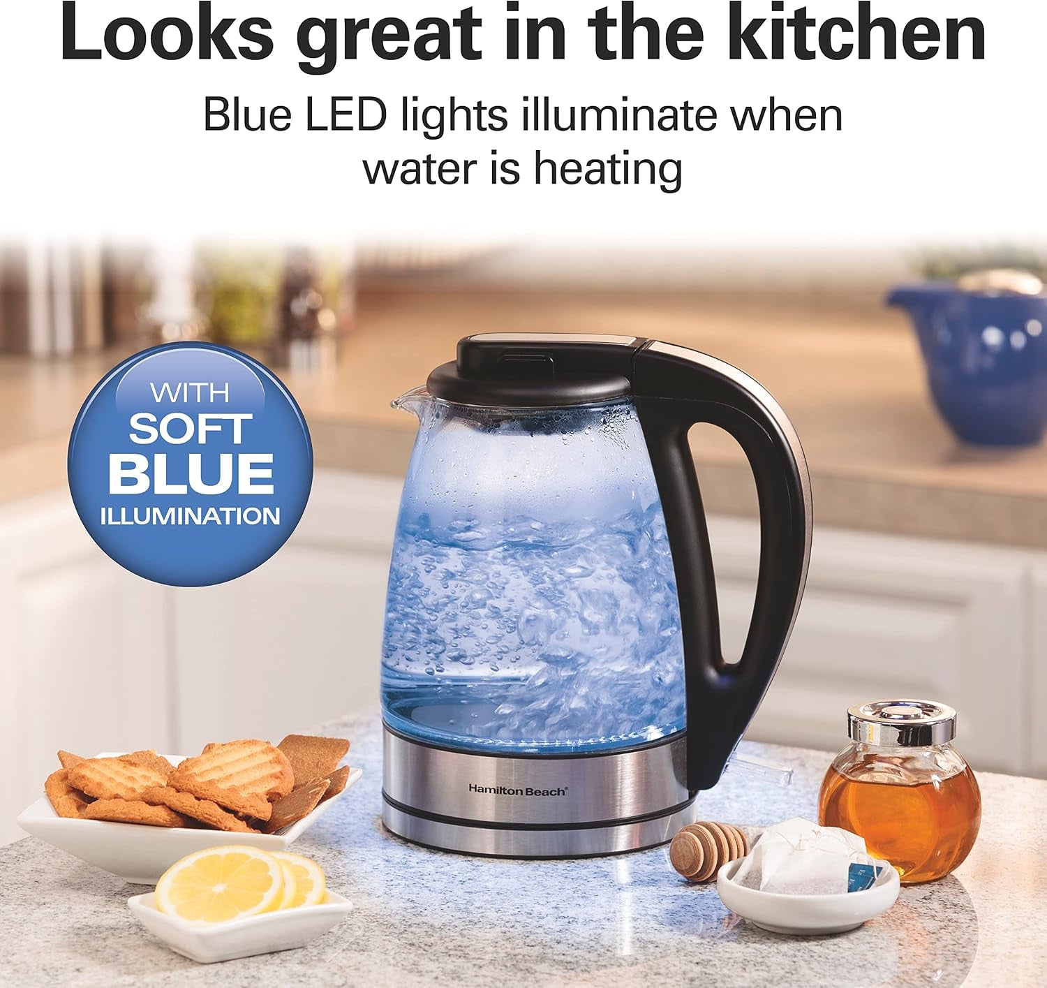 Glass Electric Kettle, 1 L, 1500W Fast Boiling Water Boiler, Cordless, Soft Blue LED Light, Auto Shutoff & Boil-Dry Protection, Bpa-Free, Compact Size (40930JC)