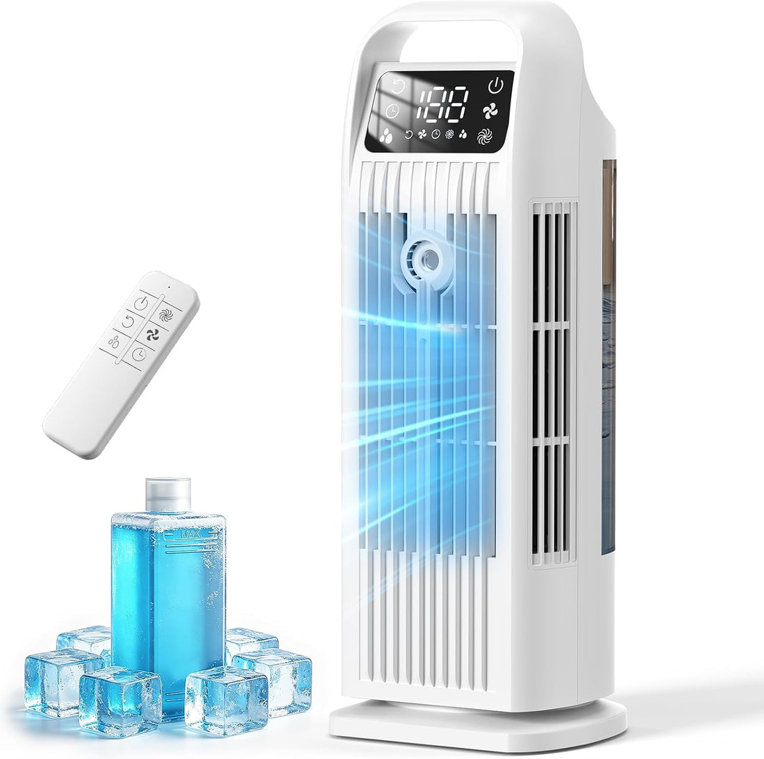Portable Air Cooler, 4 in 1 Air Conditioner 1200ML Evaporative Air Cooler with Remote Control, 120° Oscillating 4 Speeds 12H Timer Mist Spray Tower Fan for Home Office (Glacier White)