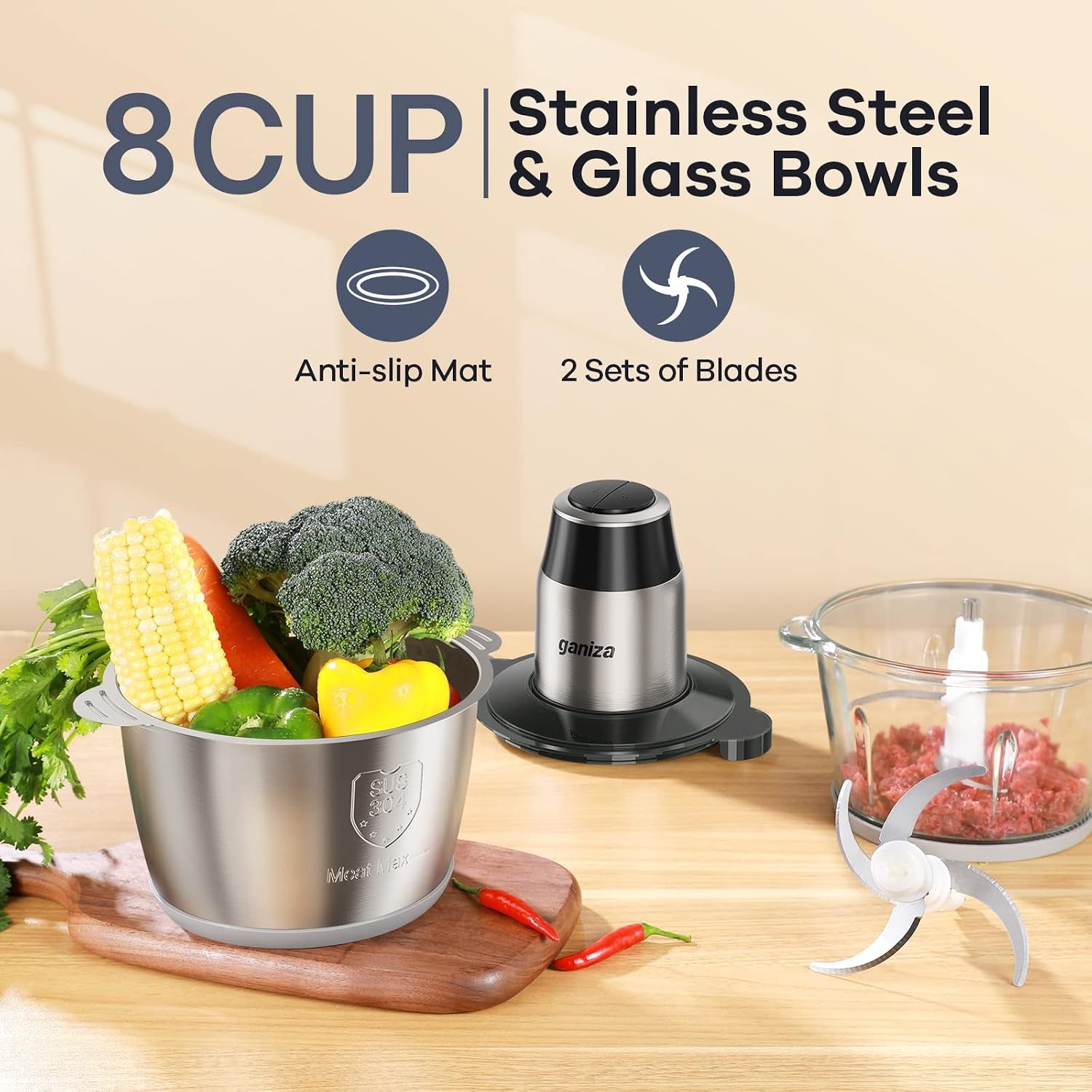 Food Processors with 2 Bowls, 450W Meat Grinder Vegetable Chopper