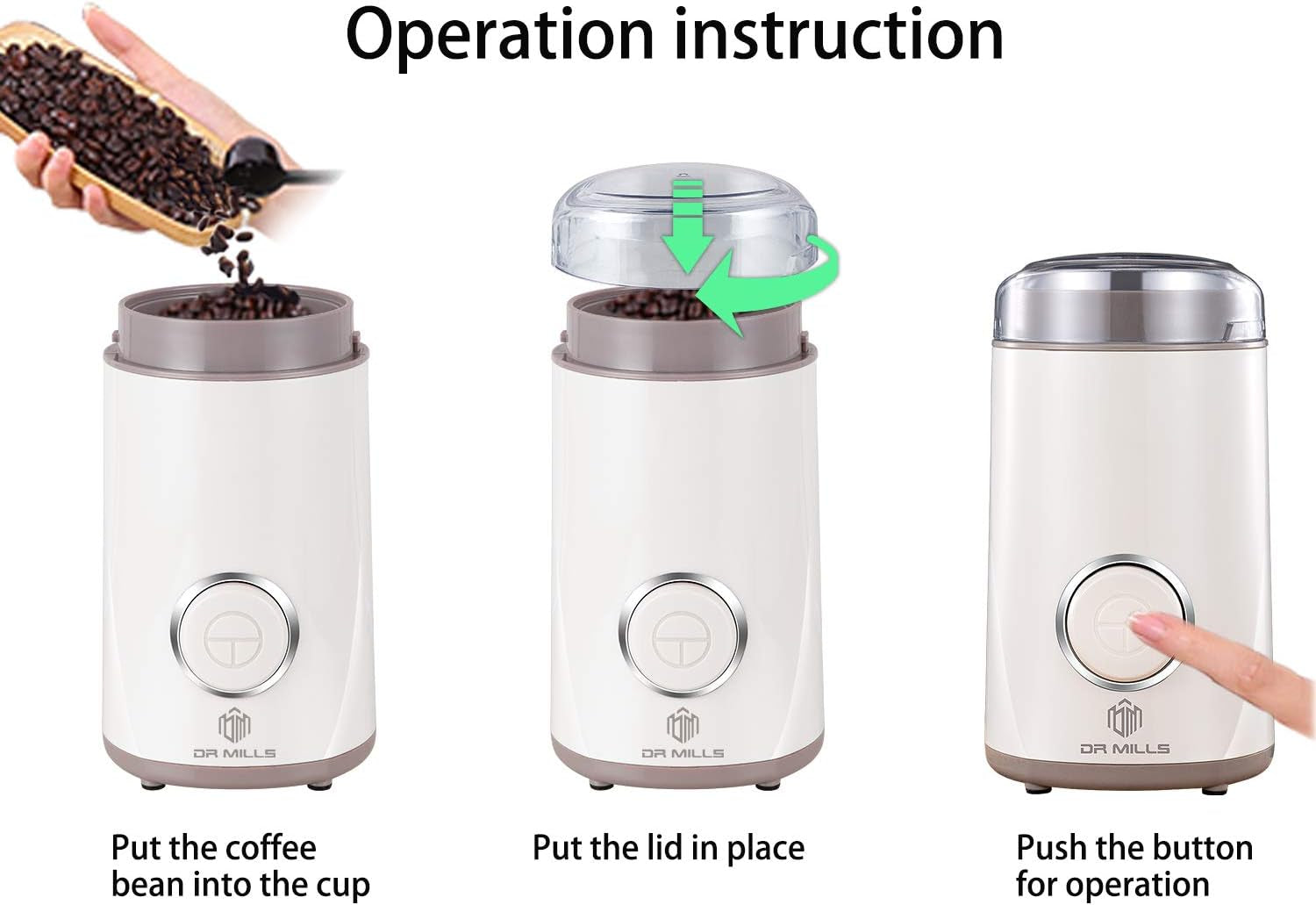 DM-7441W Electric Dried Spice and Coffee Grinder, Blade & Cup Made with SUS304 Stainless Steel (White)