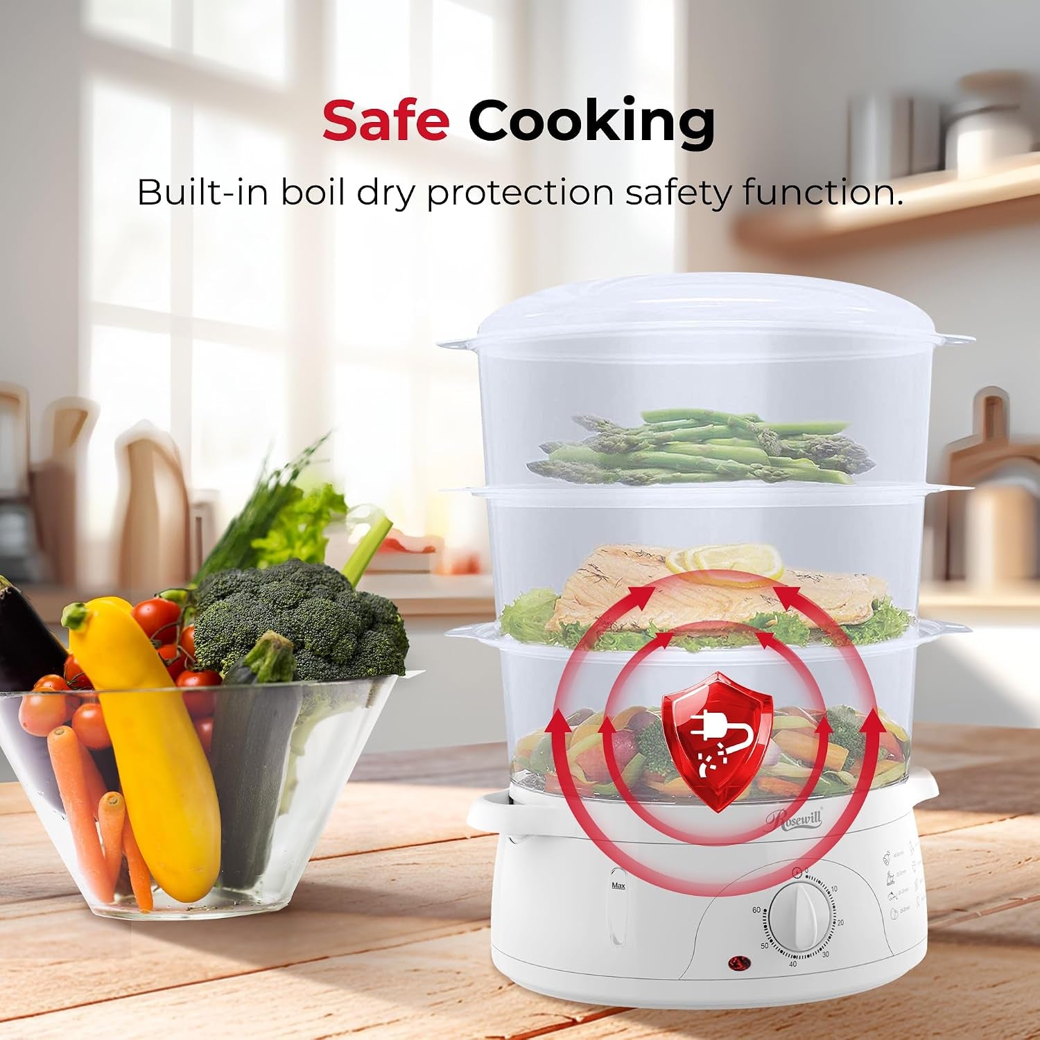 Bpa-Free, 9.5-Quart (9L), 3-Tier Stackable Baskets Electric Food Steamer with Timer, RHST-15001