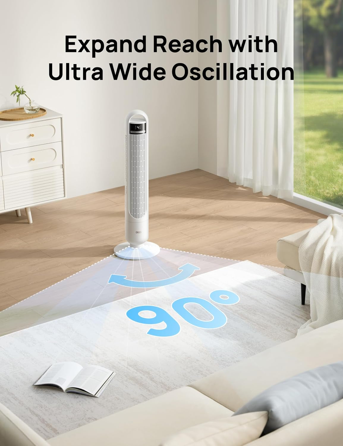 Smart Tower Fan for Bedroom, 90° Oscillating Standing Fans for Room with 4 Speeds, 4 Modes, 25Db Quiet for Sleep, 25Ft/S Velocity, 8H Timer, Remote/App/Voice Control for Living Room, Office, Home