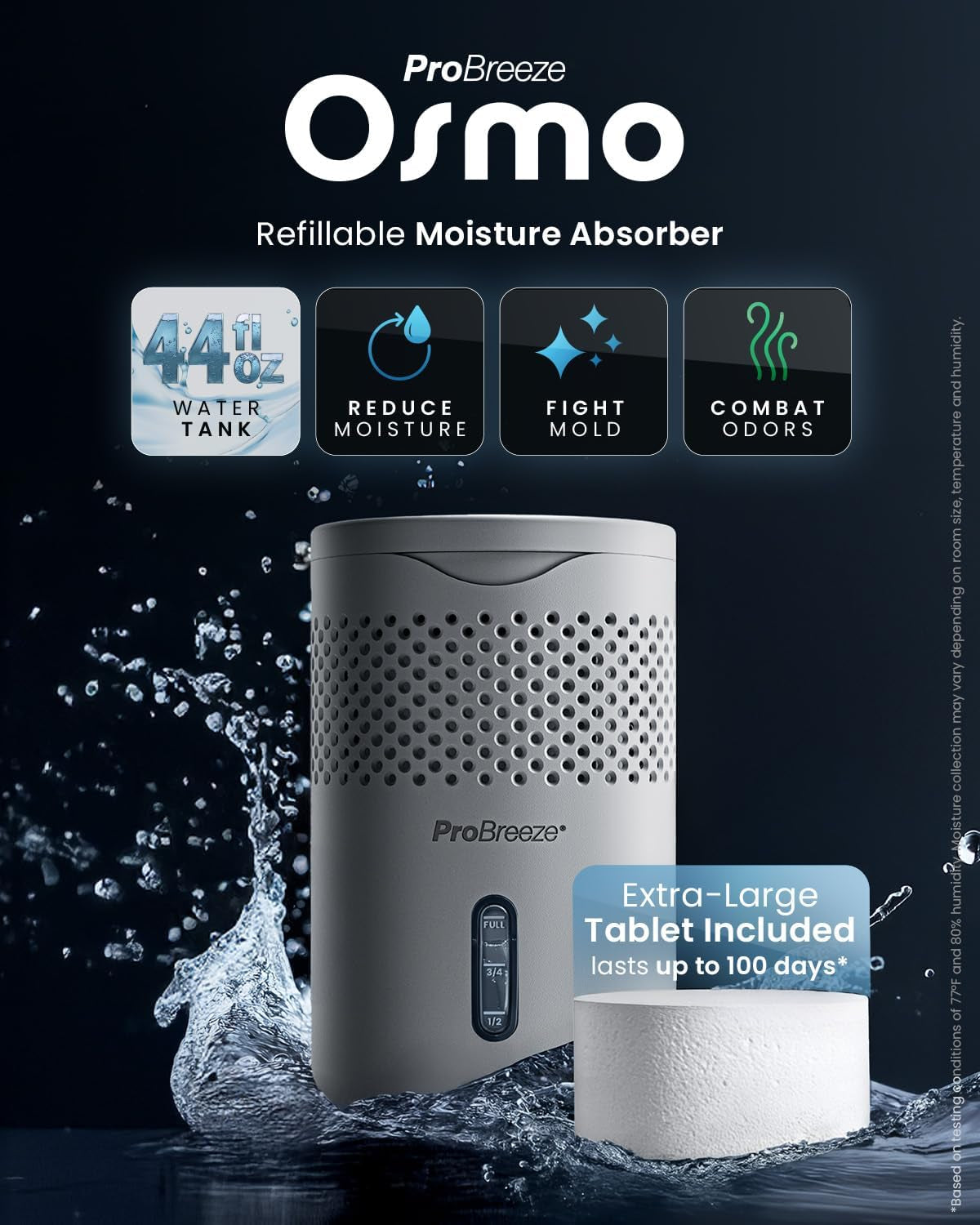 Osmo Non-Electric Moisture Absorber, 44 Fl.Oz, Included 1.54Lb Refillable Tablet, Lasts 100 Days, Ideal Silent Mini Dehumidifier for Closet, Bathroom & Bedroom, Fragrance Free, Grey