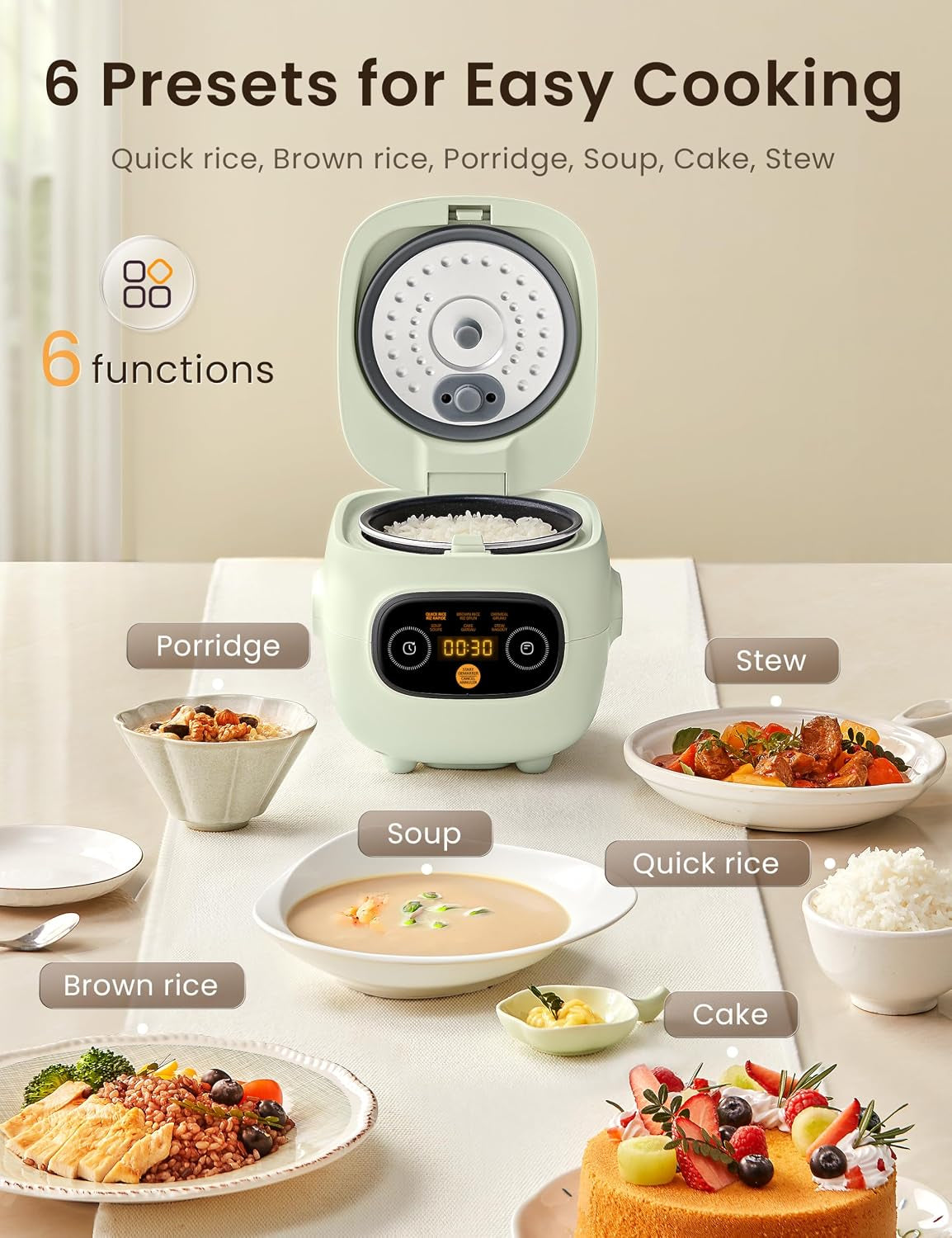 Mini Rice Cooker 4 Cups Cooked/2 Cups Uncooked, Portable Non-Stick Rice Maker, 24 Hours Timer Delay, 6 Functions, Fast Cooker, Brown Rice, Oatmeal, Sage Green Color