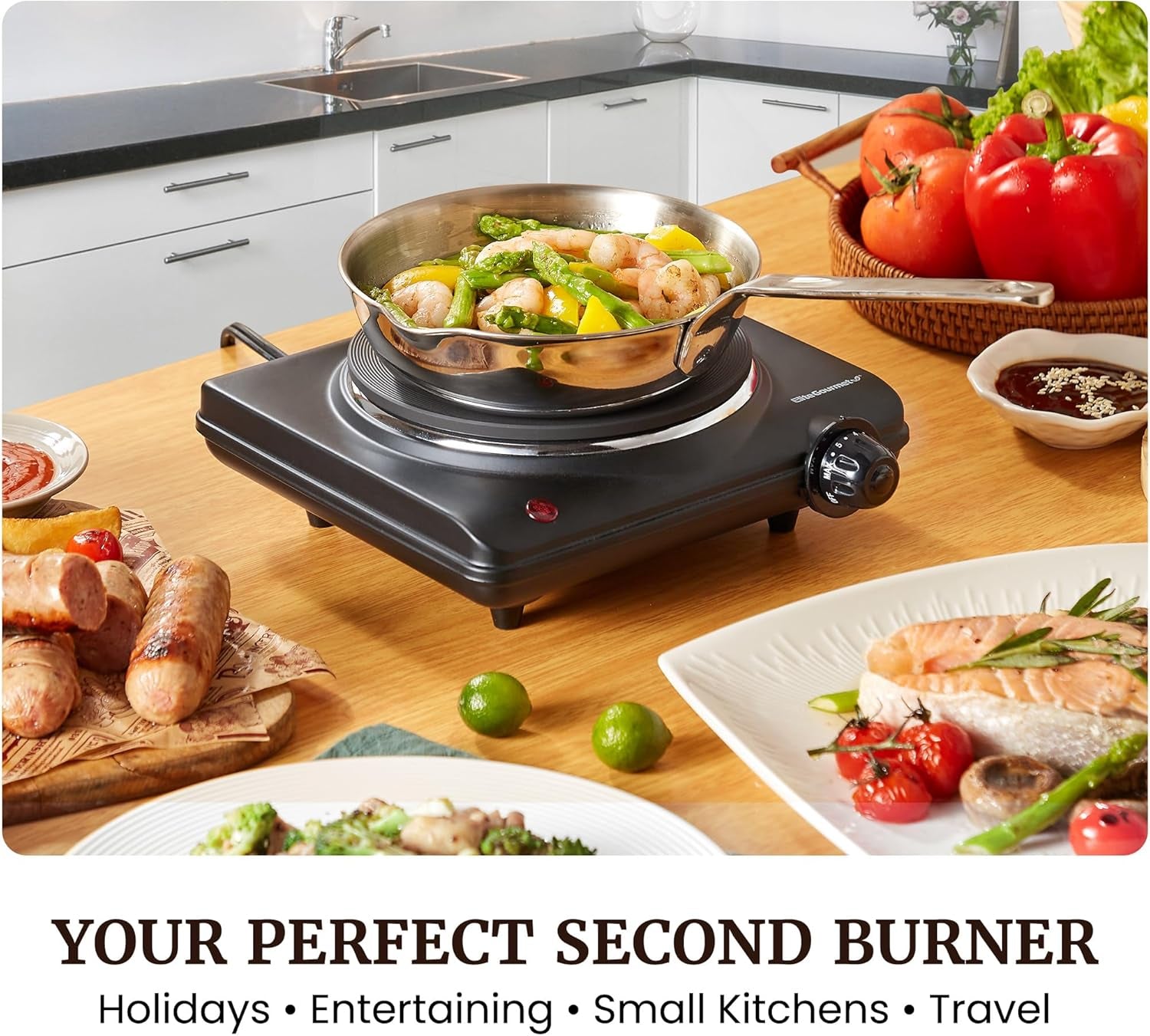 Countertop Electric Burner, 1000W Cast Iron Hot Plate, 7 Heat Settings, Portable Cooktop for RV, Dorm, Office & Small Kitchens, Road-Ready & Compact