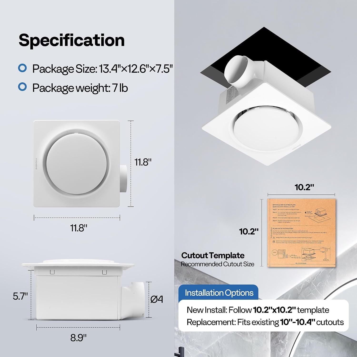Autoflow Bathroom Exhaust Fan, 3CCT Diammable Light & Humidity Sensor (30-110-160CFM) - Energy Efficient EC Motor, Dual Insulation, Constant Airflow, (Install Kit, 4-In Duct)