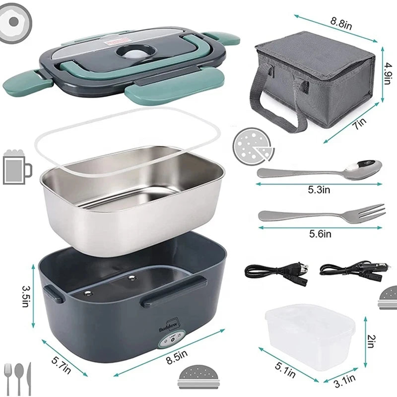 Electric Lunch Box 80W Portable Heated Lunchbox Adults Includes 2 Stainless Steel Containers Car Truck Work Use Leak Proof Food