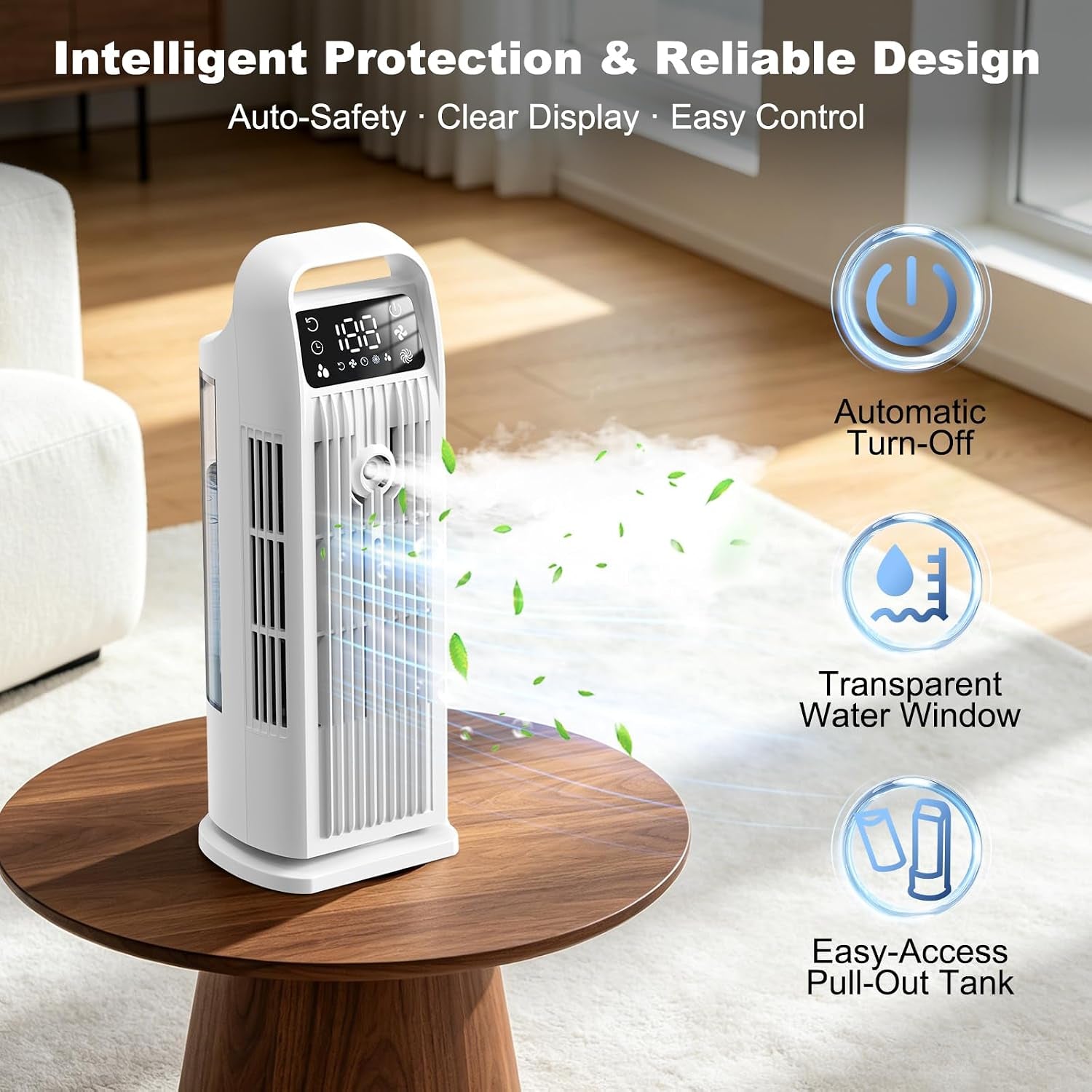Portable Air Cooler, 4 in 1 Air Conditioner 1200ML Evaporative Air Cooler with Remote Control, 120° Oscillating 4 Speeds 12H Timer Mist Spray Tower Fan for Home Office (Glacier White)