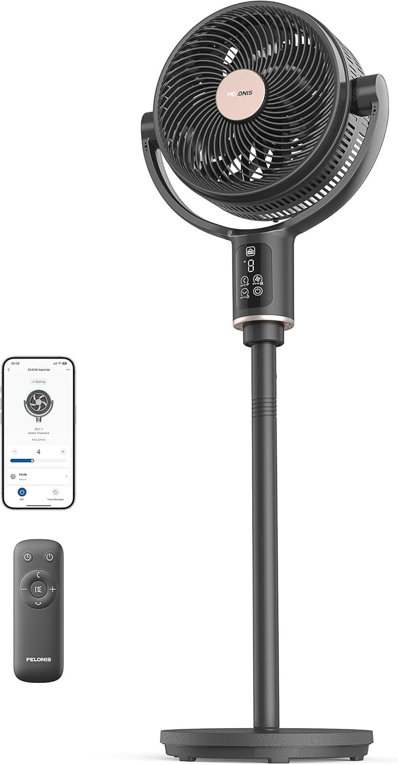 Pedestal Fan, Air Circulator, Ultra Omniflow (135°+90°Auto Oscillation), Quiet Floor Fan with 3 Speeds, Remote, 7H Timer, Memory Function, Adjustable Height, Standing Fan for Bedroom