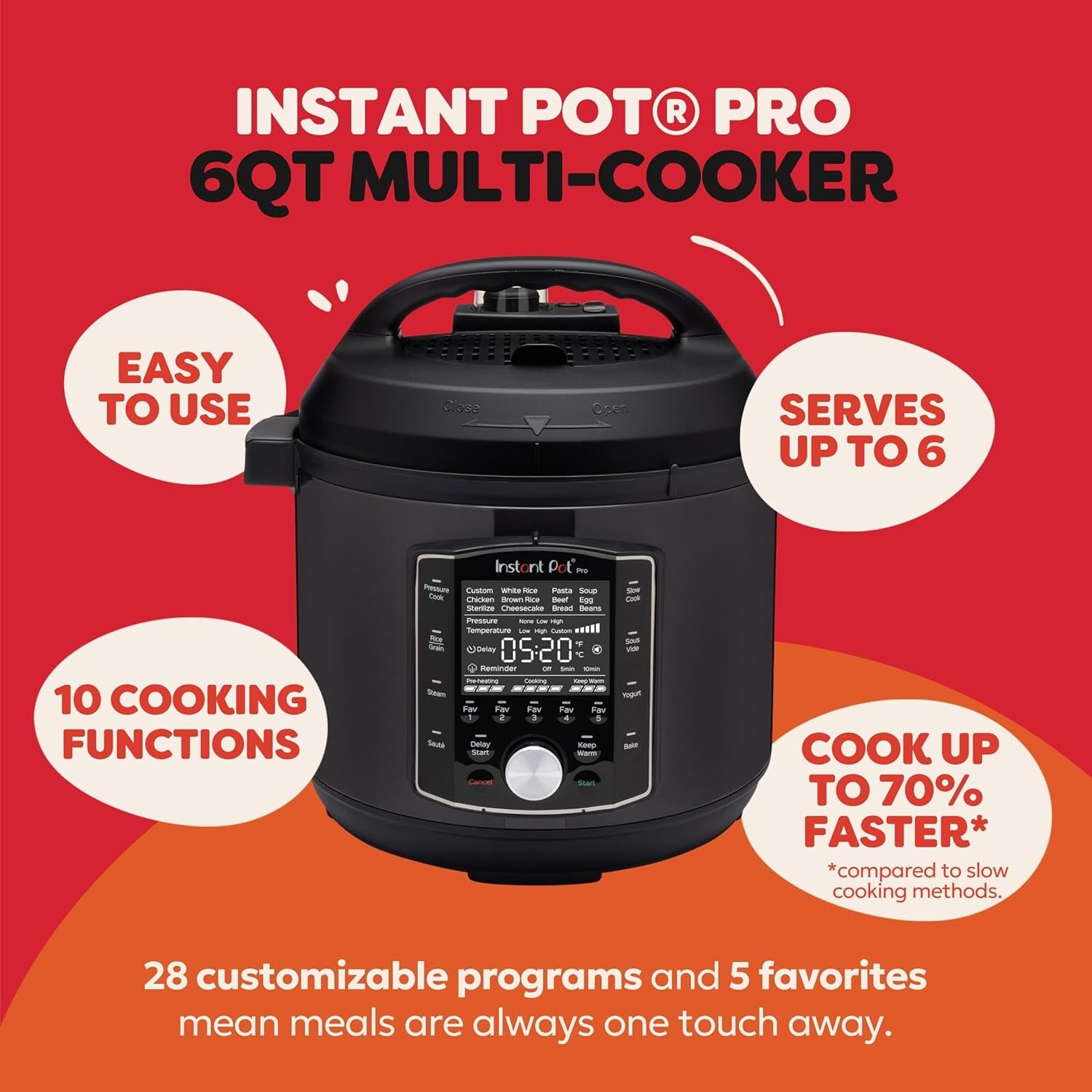 Pro 10-In-1 Pressure Cooker, Slow Cooker, Rice/Grain Cooker, Steamer, Sauté, Sous Vide, Yogurt Maker, Sterilizer, and Warmer, Includes App with over 800 Recipes, Black, 6 Quart
