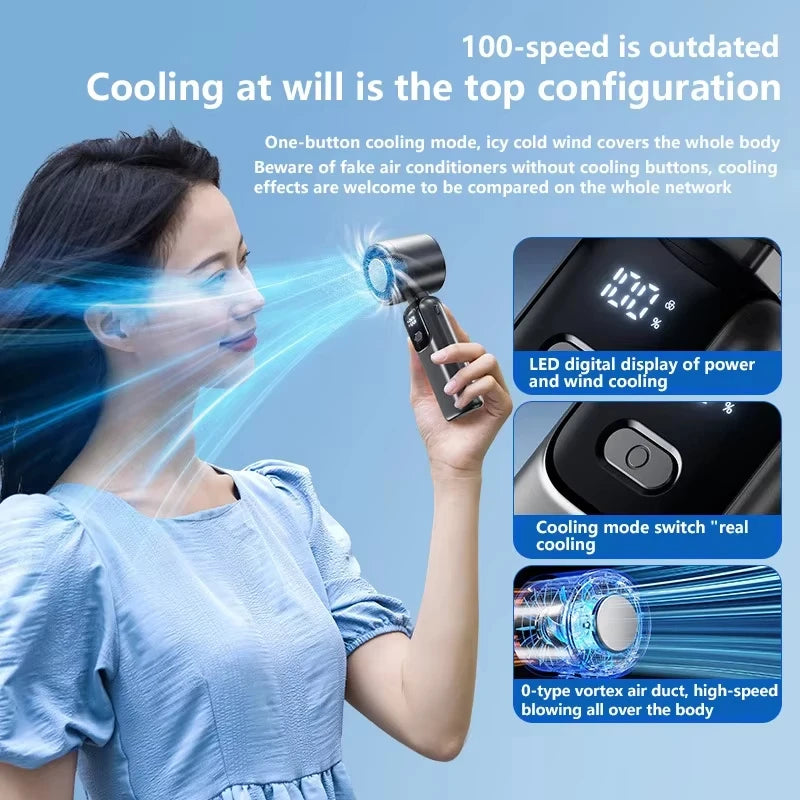 Ice Cooling Handheld Fan 100 Speeds Turbo Portable USB Desk Fan Foldable/Hangable for Outdoor Fast Chill Ice Compress