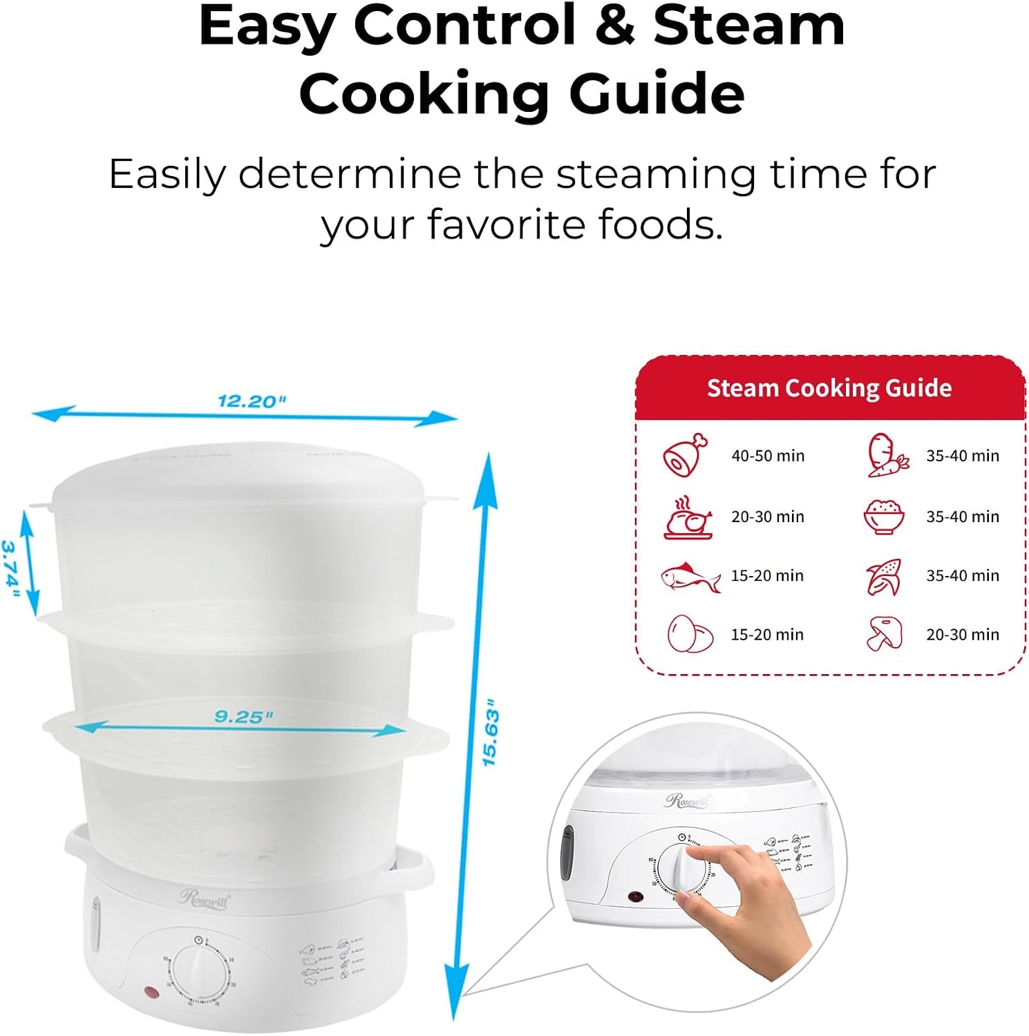Bpa-Free, 9.5-Quart (9L), 3-Tier Stackable Baskets Electric Food Steamer with Timer, RHST-15001