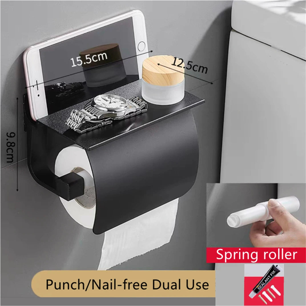 Space Aluminum Toilet Paper Shelf Black/Silver with Spring Card Slot Bathroom Accessory Roll Paper Holder Rack with Cover