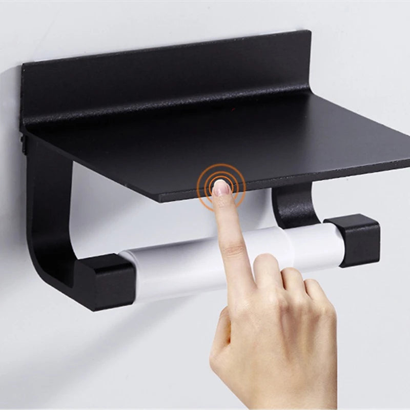 Space Aluminum Toilet Paper Shelf Black/Silver with Spring Card Slot Bathroom Accessory Roll Paper Holder Rack with Cover