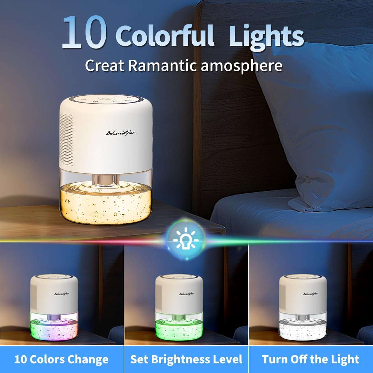 Small 45Oz (1.3L) Home Dehumidifier Portable Quiet Dehumidifier with 3 Modes, 10 Color Lights, 4 Timer Settings for Bedroom, Bathroom and Closet