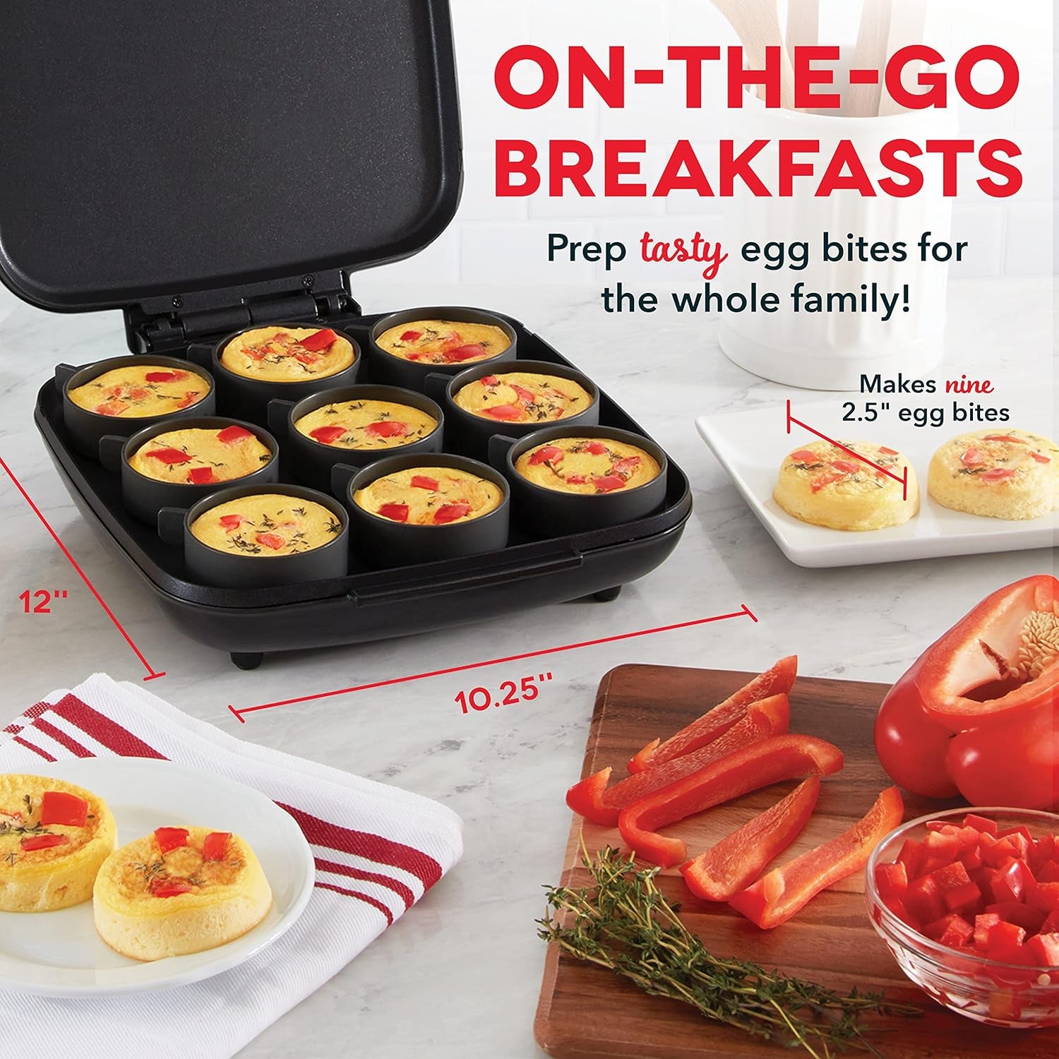 Family Size Egg Bite Maker - Electric Egg Bite Maker with Non-Stick Silicone Cups - Space-Saving Design & Quick Cleanup - Make Sandwiches, Healthy Snacks & Desserts - 9 Servings, Black