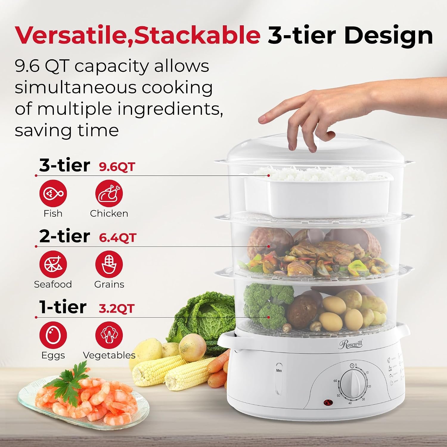 Bpa-Free, 9.5-Quart (9L), 3-Tier Stackable Baskets Electric Food Steamer with Timer, RHST-15001