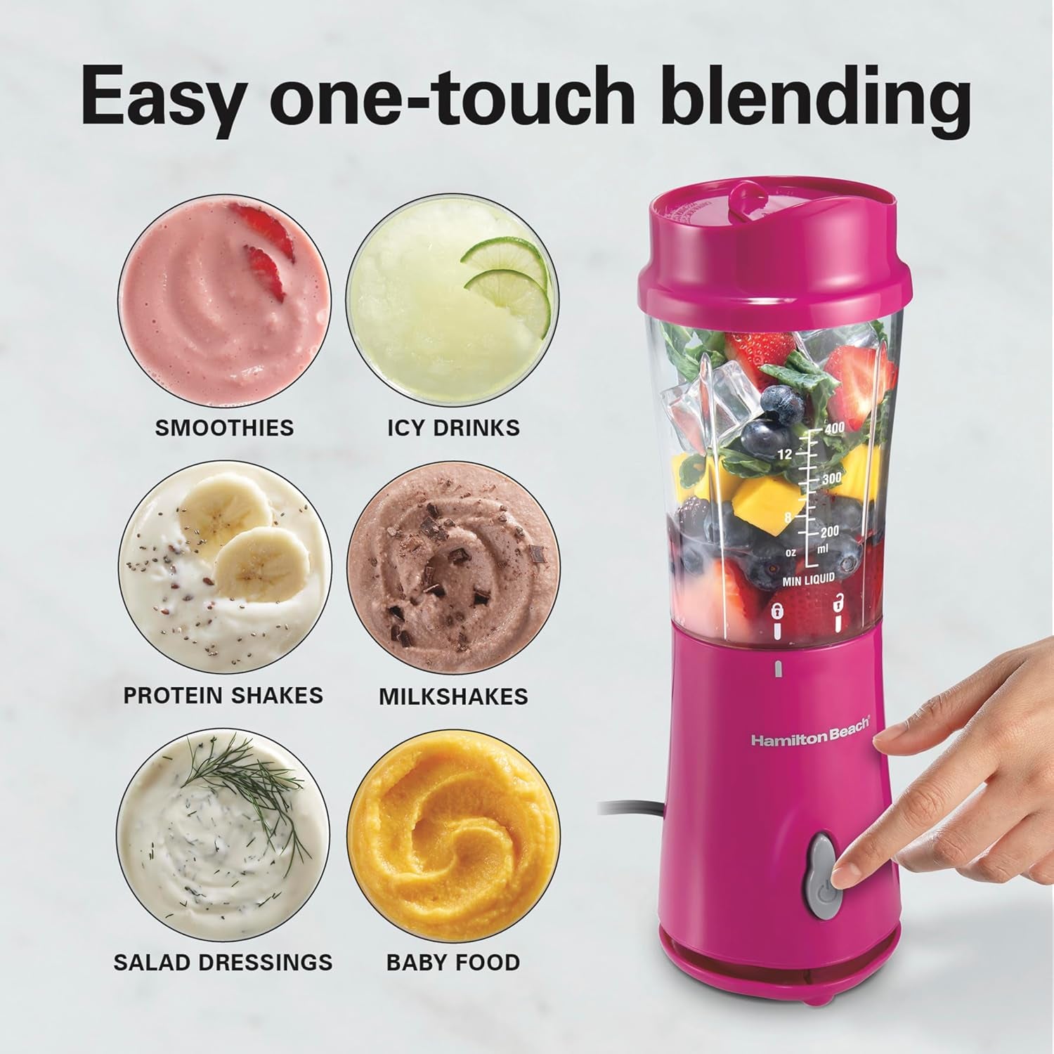 Personal Blender for Smoothies & Protein Shakes, Portable Single Serve Blender with Travel Lid, 14 Oz Bpa-Free Jar, 175W, Compact Countertop Blender, Raspberry, 51131G