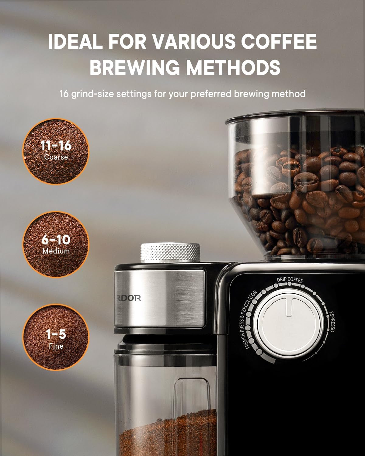 Electric Burr Coffee Grinder 2.0, Automatic Coffee Bean Grinder with 16 Precise Grind Setting, Adjustable Flat Burr Mill for French Press, Drip Coffee and Espresso, 2-14 Cup, Black