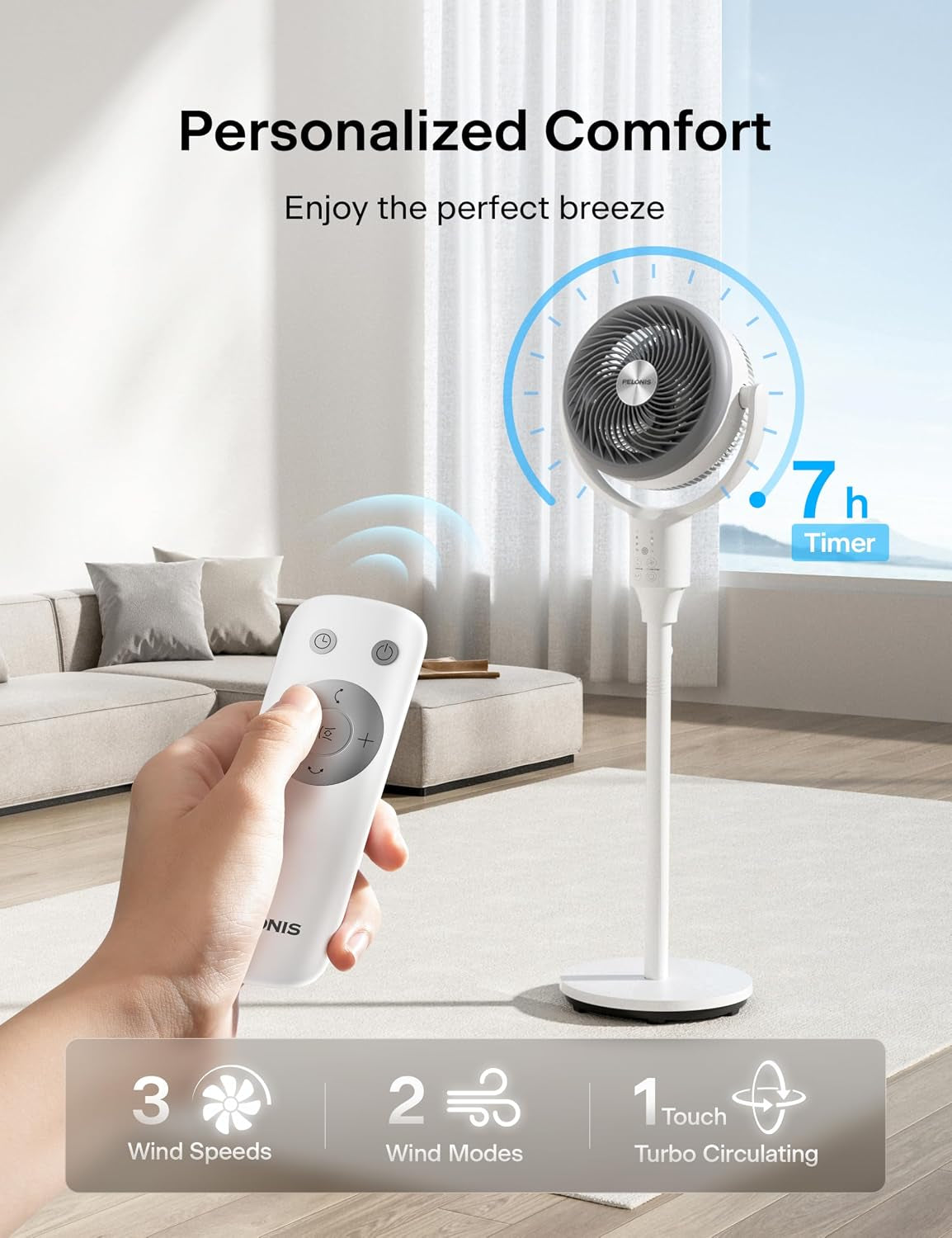 Pedestal Fan, Air Circulator, Ultra Omniflow (135°+90°Auto Oscillation), Quiet Floor Fan with 3 Speeds, Remote, 7H Timer, Memory Function, Adjustable Height, Standing Fan for Bedroom