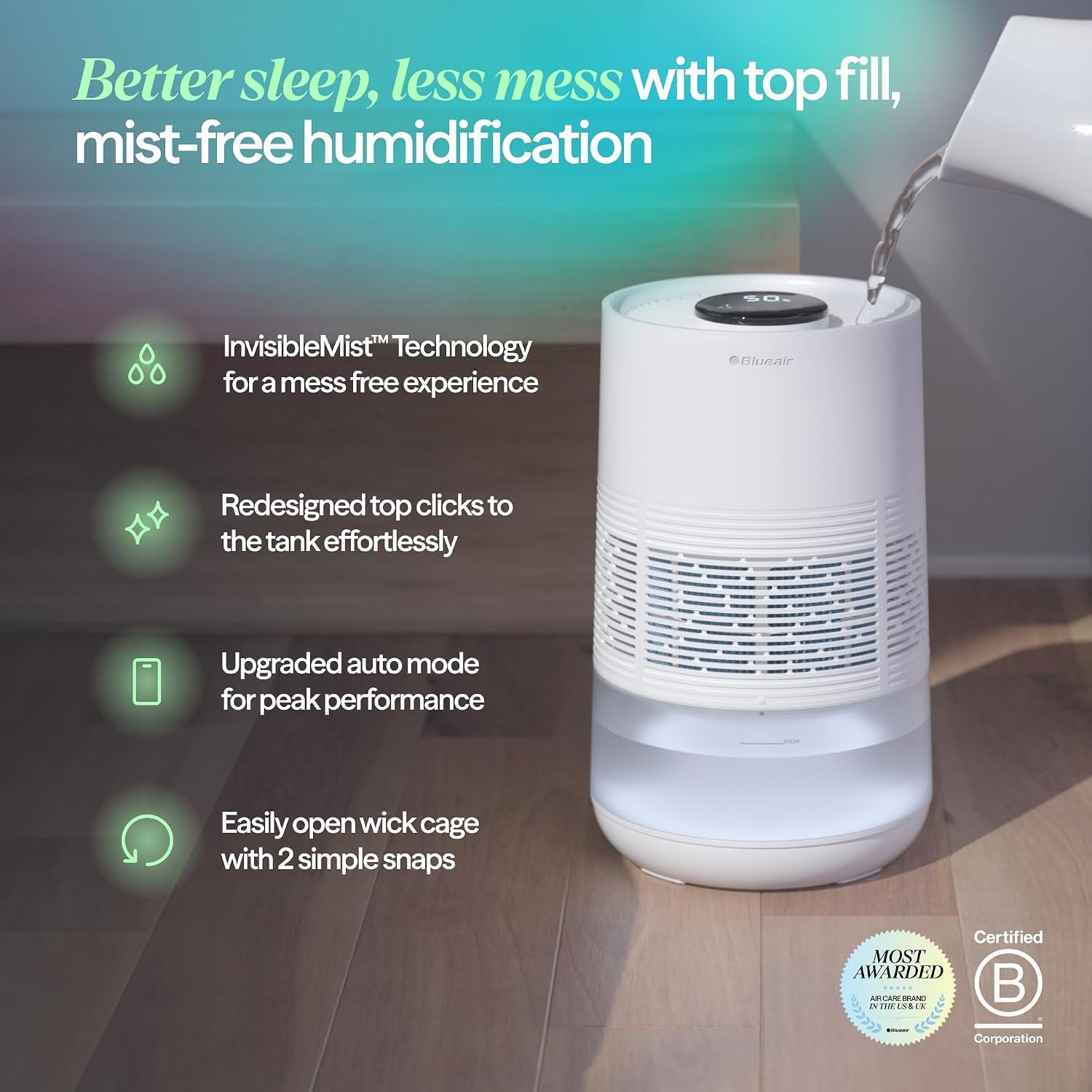 Premium Smart Humidifier for Large Rooms, Bedrooms, Better Sleep with Evaporative Invisible Mist Tech, Auto Humidify, Easy Top Fill, Smart Control with App, Touchscreen, 3.5L Tank for 48 Hours