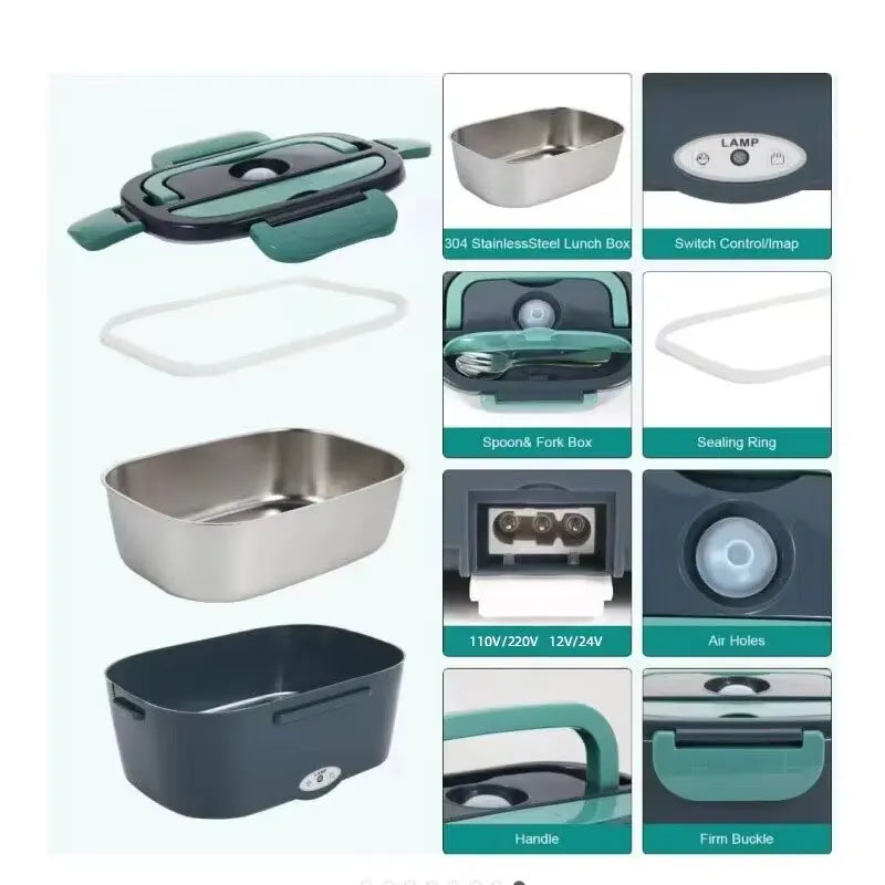 Electric Lunch Box 80W Portable Heated Lunchbox Adults Includes 2 Stainless Steel Containers Car Truck Work Use Leak Proof Food