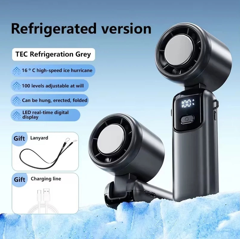 Ice Cooling Handheld Fan 100 Speeds Turbo Portable USB Desk Fan Foldable/Hangable for Outdoor Fast Chill Ice Compress
