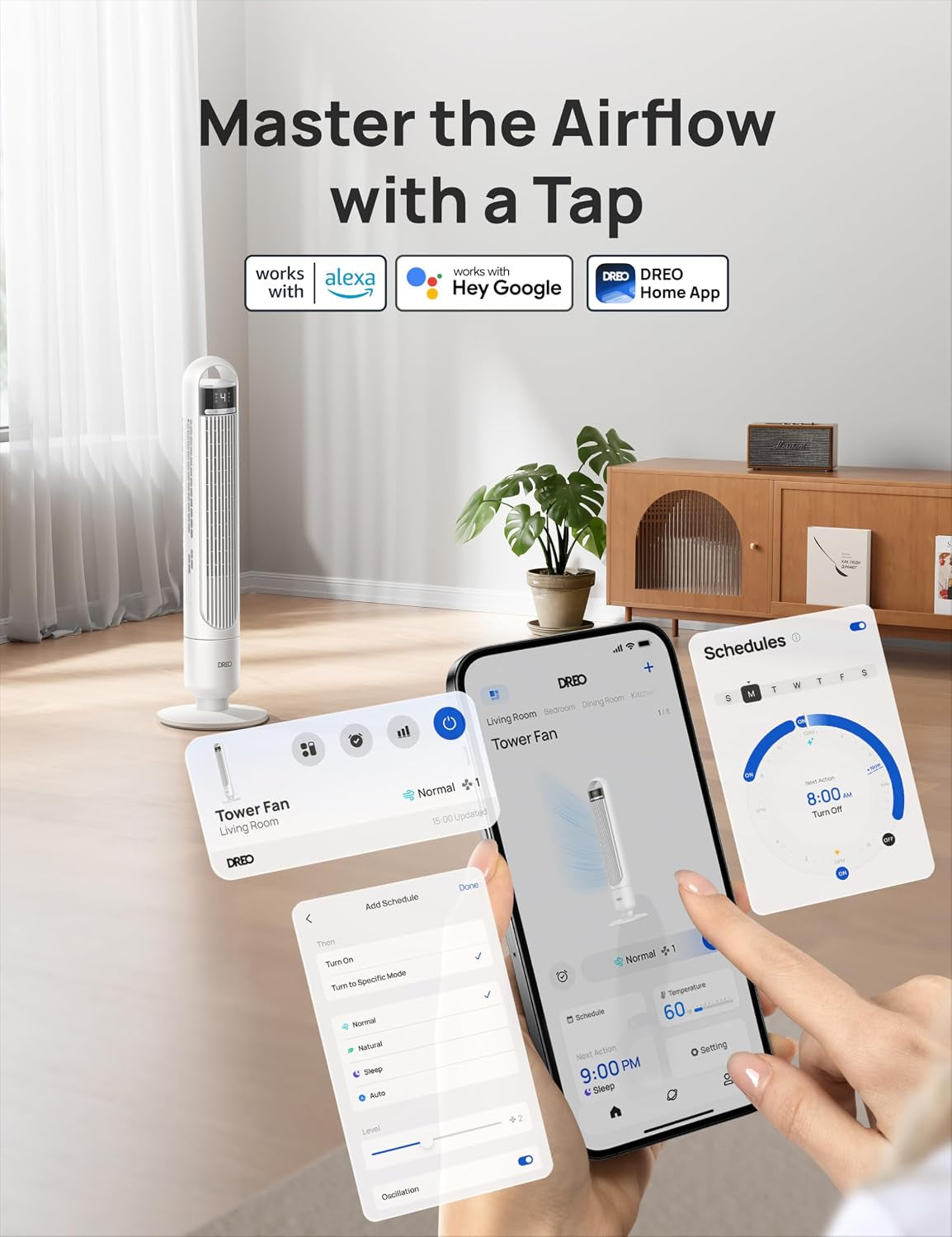Smart Tower Fan for Bedroom, 90° Oscillating Standing Fans for Room with 4 Speeds, 4 Modes, 25Db Quiet for Sleep, 25Ft/S Velocity, 8H Timer, Remote/App/Voice Control for Living Room, Office, Home