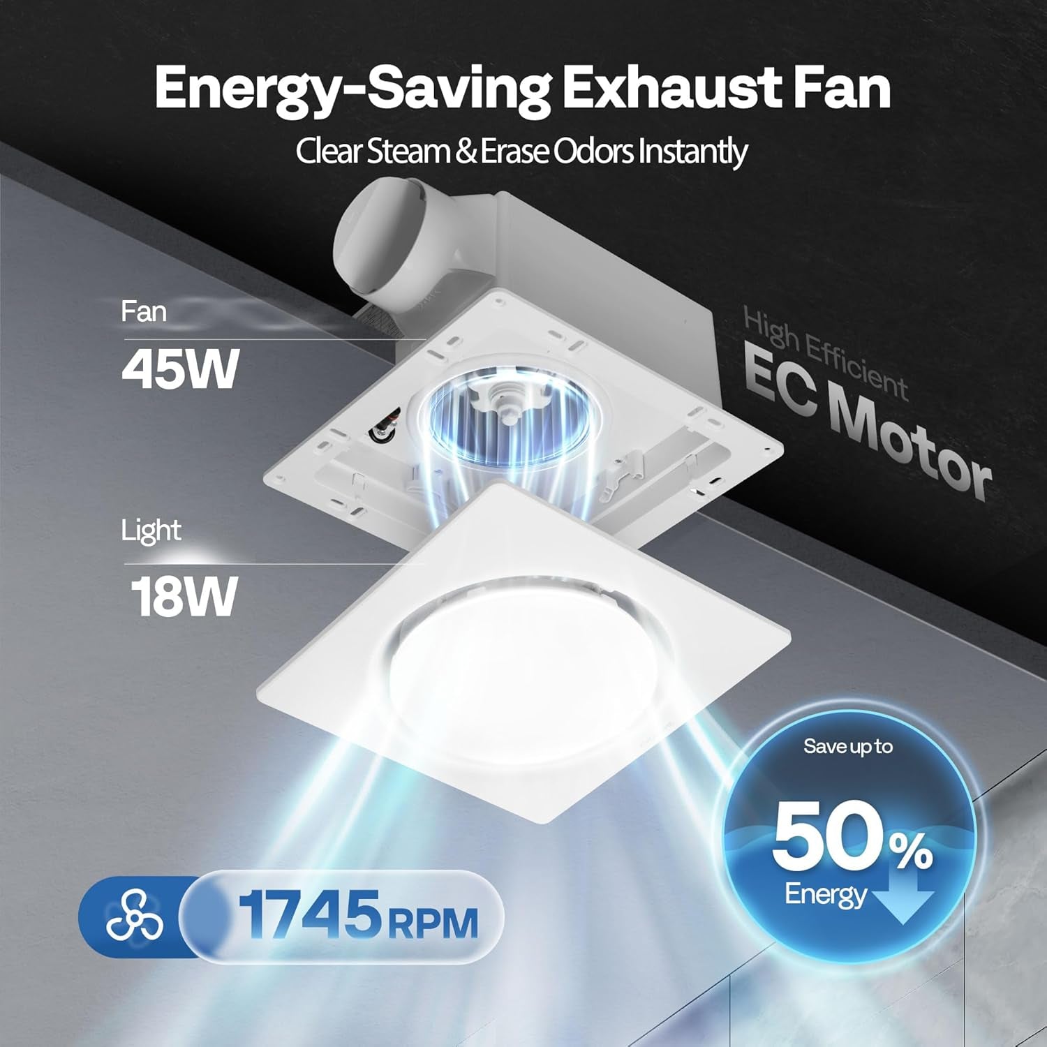 Autoflow Bathroom Exhaust Fan, 3CCT Diammable Light & Humidity Sensor (30-110-160CFM) - Energy Efficient EC Motor, Dual Insulation, Constant Airflow, (Install Kit, 4-In Duct)