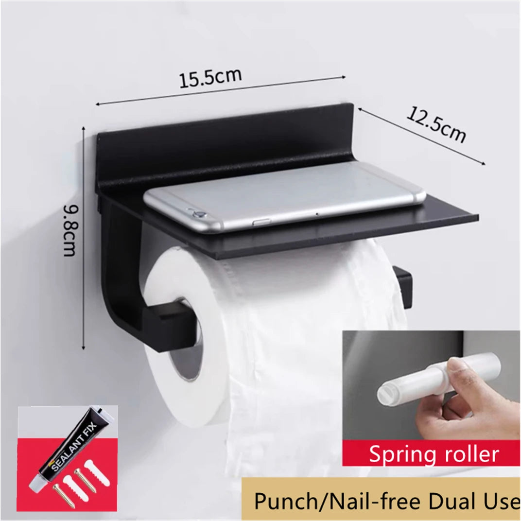 Space Aluminum Toilet Paper Shelf Black/Silver with Spring Card Slot Bathroom Accessory Roll Paper Holder Rack with Cover