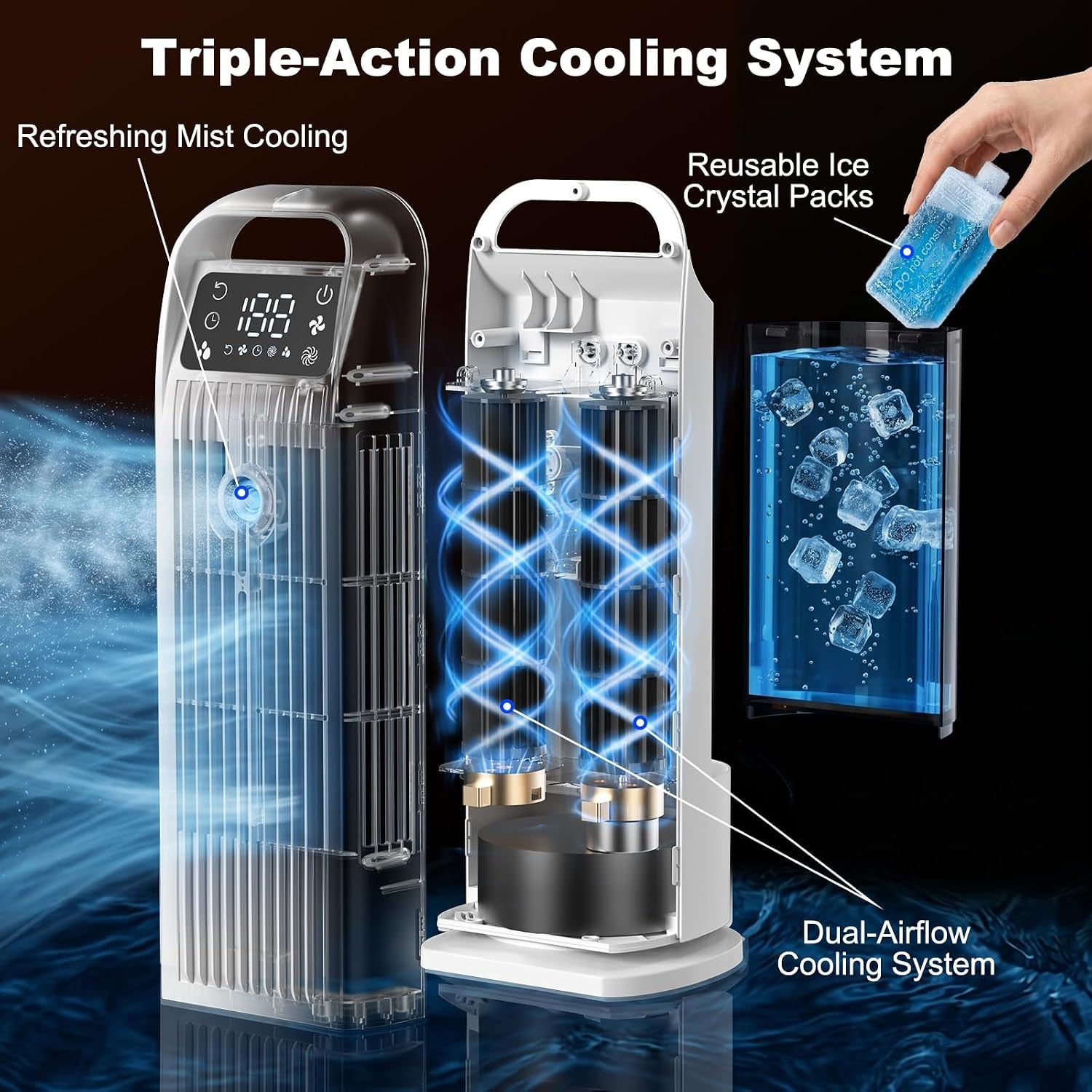 Portable Air Cooler, 4 in 1 Air Conditioner 1200ML Evaporative Air Cooler with Remote Control, 120° Oscillating 4 Speeds 12H Timer Mist Spray Tower Fan for Home Office (Glacier White)